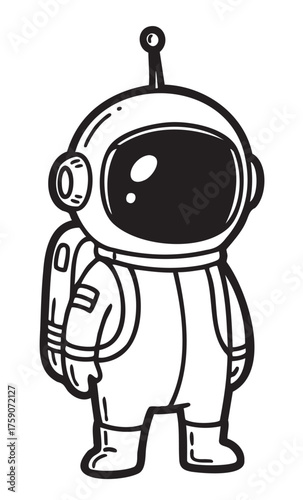 Simple black outline drawing of a cartoon astronaut in a space helmet and suit, depicted with a backpack and antenna on the helmet.