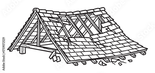 Black outline drawing of a partially collapsed wooden roof with exposed beams and shingles falling off.