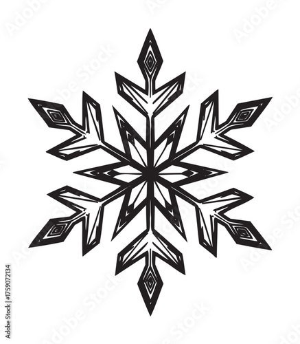 Black outline of an intricate geometric snowflake with symmetrical patterns and sharp, pointed edges.
