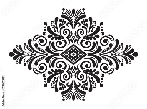 Intricate black ornamental floral pattern with symmetrical design, featuring swirling leaves and decorative elements.