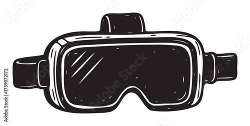 Black outline vector icon of a simple diving mask with a wide, reflective lens and adjustable strap for underwater activities.