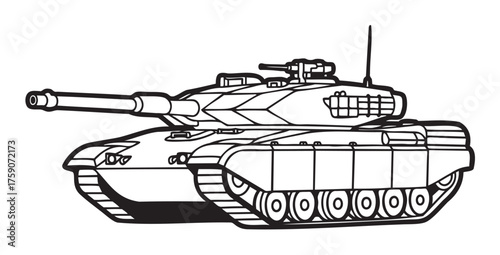 Black outline drawing of a modern armored military tank with a large cannon and tracks, viewed from the front side angle.