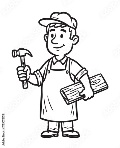 Black and white cartoon of a male carpenter holding a hammer and a wooden plank, wearing a cap and apron.