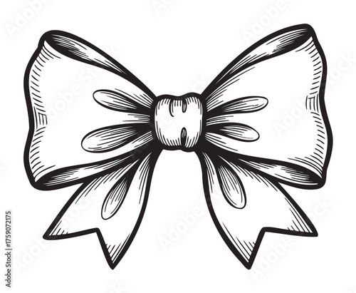 Black and white outline illustration of a decorative bow with layered loops and tails, showcasing intricate shading and texture.