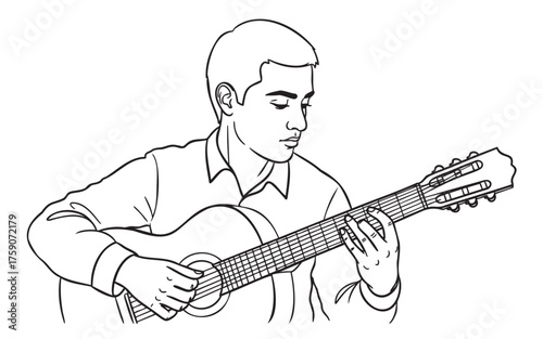 Young caucasian male playing an acoustic guitar with focused expression, showcasing musical talent and concentration.