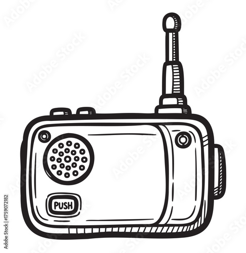 Black outline drawing of a vintage portable radio with a speaker, buttons, and an extended antenna, capturing a retro style.