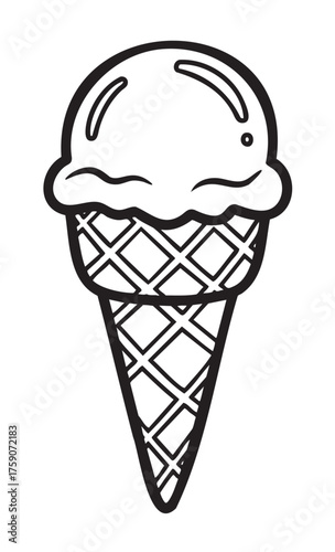 Black outline of a simple ice cream cone with a waffle-patterned cone and a single scoop on top. minimalist design for dessert and summer themes.