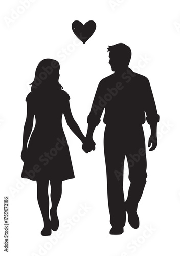Silhouette of a couple, a caucasian male and female, walking hand in hand with a heart above them, symbolizing love and togetherness.