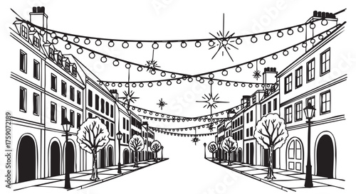 Black outline drawing of a city street with rows of decorative lights above, surrounded by buildings and bare trees.