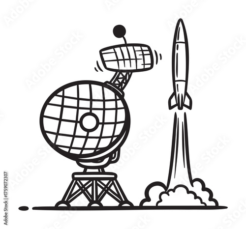 Black outline drawing of a rocket launching into space, accompanied by a large satellite dish on a sturdy base, symbolizing exploration and communication.