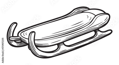 Black outline drawing of a classic wooden sled with curved runners and a flat seating area, ideal for winter activities and sledding.