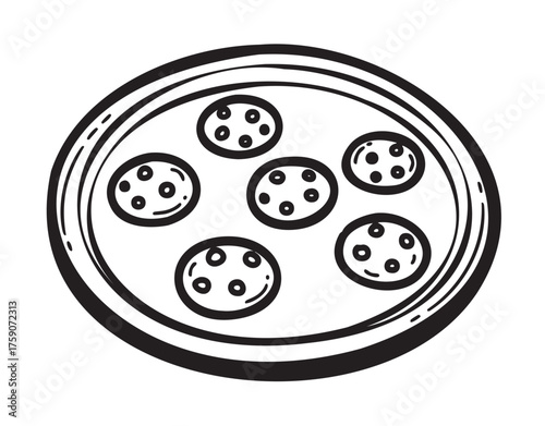 Black and white line drawing of a round plate containing six circular cookies evenly spaced across the surface.