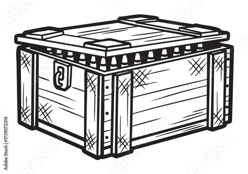 Black outline illustration of a wooden crate with reinforced edges and a secure latch, ideal for storage and shipping concepts.
