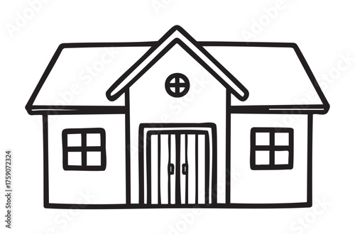 Black outline vector drawing of a simple house with a triangular roof, double front doors, and small windows.