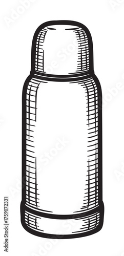 Black outline drawing of a classic insulated thermos with subtle line details, ideal for keeping beverages hot or cold.
