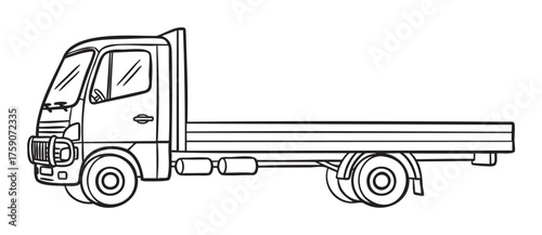 Black outline of a simple, medium-sized flatbed truck, featuring a detailed cabin and elongated open cargo area, ideal for transport concepts.