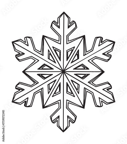Black outline icon of a symmetrical snowflake with intricate patterns and sharp edges.