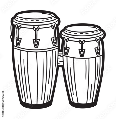 Black outline vector icon of two connected conga drums with detailed tuning hardware. simple, minimalistic illustration for music and percussion themes.