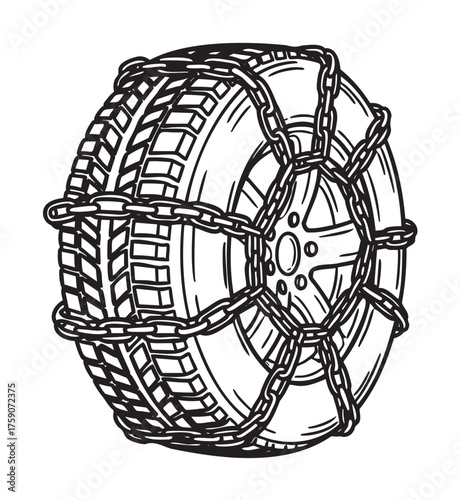 Black and white illustration of a tire equipped with snow chains, showcasing detailed tread and chain links for winter driving safety.