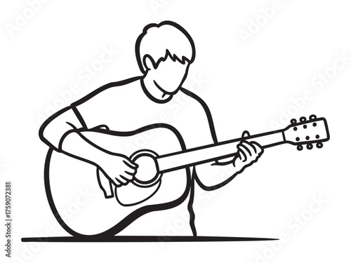 Black and white outline drawing of a young male playing an acoustic guitar, showcasing musical passion and creativity.