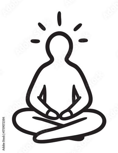Black outline illustration of a person meditating in a cross-legged position with lines indicating a calm aura.