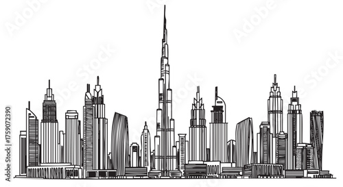 Detailed black outline of a modern city skyline with various high-rise buildings and skyscrapers against a plain background.