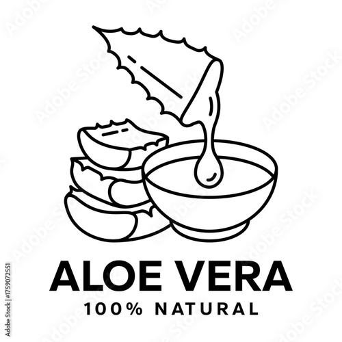 Aloe Vera symbol, logo, badge, icon, sticker, label, sign, emblem, stamp, black, green, line, flat vector, isolated illustration. Aloe Vera label for product packaging design.