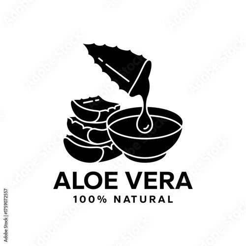 Aloe Vera symbol, logo, badge, icon, sticker, label, sign, emblem, stamp, black, green, line, flat vector, isolated illustration. Aloe Vera label for product packaging design.