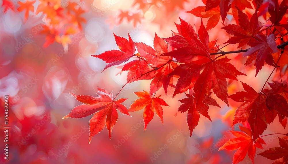Fototapeta premium Close-up captures vibrant red leaves with soft, blurred background. Sunlight gently bathes them, suggesting autumn