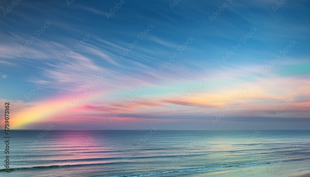 Obraz premium Iridescent cirrus clouds in a bright blue daytime sky over calm ocean water 