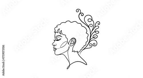 Elegant line art portrait of a woman with curly hair and decorative floral elements.