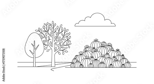 A collection of plump pumpkins piled high next to a leafy tree under a cloudy sky.