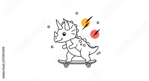 A cute cartoon triceratops dinosaur riding a skateboard with lightning bolts and circles.