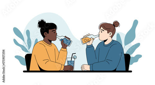 Two people enjoying drinks together at a table with plants in the background.