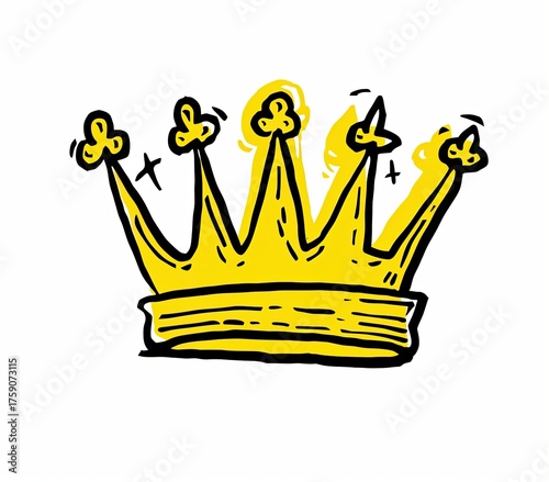 Golden crown doodle on white, sparkles. Royalty, celebration. Icon, graphic