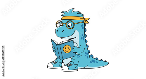 A curious blue dinosaur wearing glasses and a headband reads an open book with a smiley face on its cover