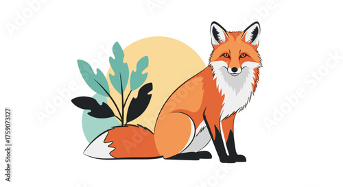 An illustration of a fox sitting next to some greenery and a circular sun.