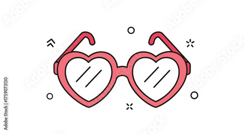 Cute pink heart shaped glasses with reflections on white background.