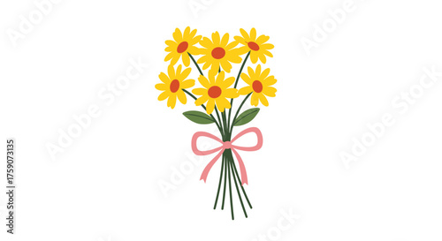 A cheerful bouquet of bright yellow flowers tied with a delicate pink ribbon.