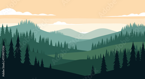 Serene rolling hills blanketed in dense evergreen forests under a gentle sky.