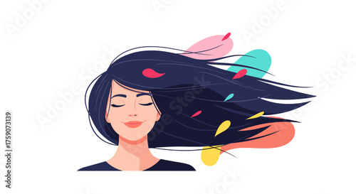 A woman's dark hair is blowing in the wind with colorful feathers floating around it.