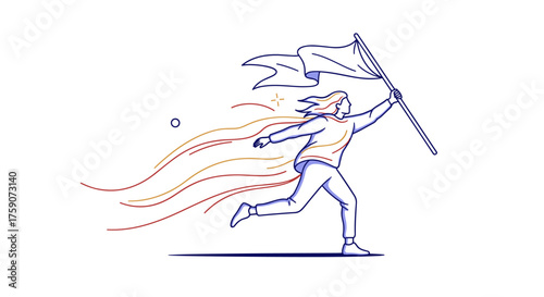 A determined individual runs forward holding a flag with streaks of energy flowing behind them.