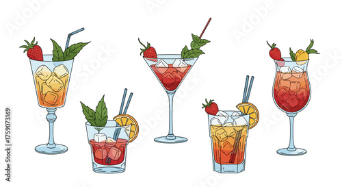 A collection of colorful alcoholic and non alcoholic drinks garnished with fruit and mint leaves.