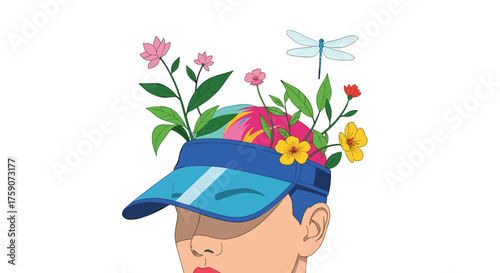 A visor adorned with a vibrant explosion of blooming flowers and a delicate dragonfly gracefully hovering above.