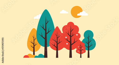 A collection of colorful deciduous trees and bushes arranged on a light tan background with a yellow sun and white clouds above.