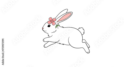 A delightful illustration of a white rabbit adorned with a delicate pink flower garland is depicted leaping gracefully across a clean white background