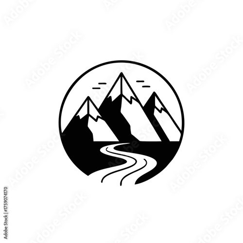 Dynamic mountain landscape with winding river path, evoking adventure and exploration, perfect for travel and outdoor brands.