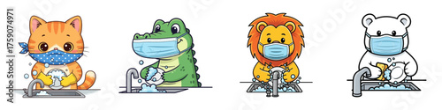 Cartoon animals washing dishes with soap and water while wearing face masks for hygiene.