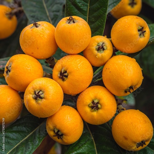 Close-up of several ripe, golden-yellow fruits with dark stems nestled amongst vibrant, deep-green leaves. Abundant and natural