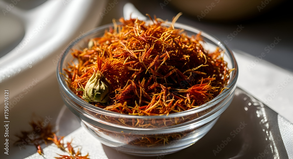 Fototapeta premium A Close-up View of Saffron Threads in a Glass Bowl on a White Tabletop